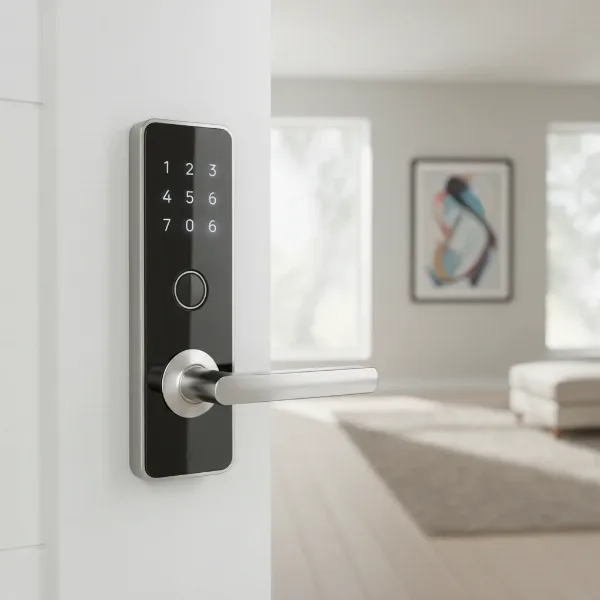 Modern smart lever lock with keypad and fingerprint sensor on a white interior door.