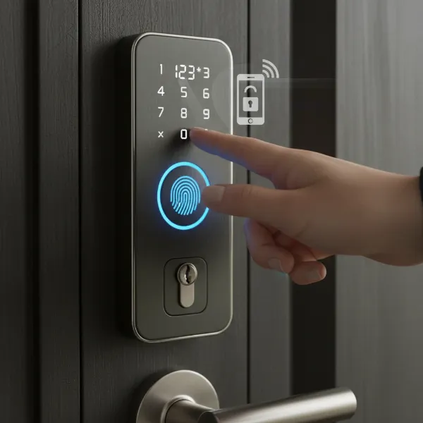 A hand using a multi-method smart lock with keypad, fingerprint, and app icons