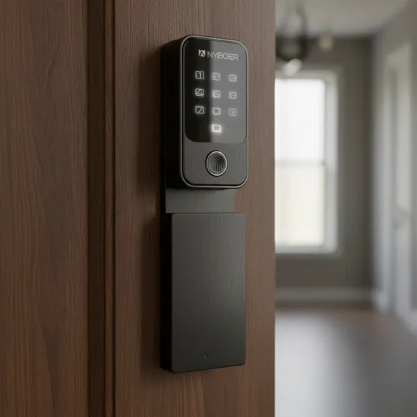 Nyboer smart lock installed, showing its extended panel covering door holes.