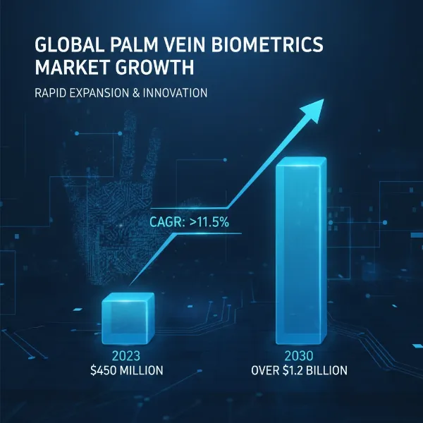 Graph illustrating the projected growth of the global palm vein biometrics market from current to 2030.