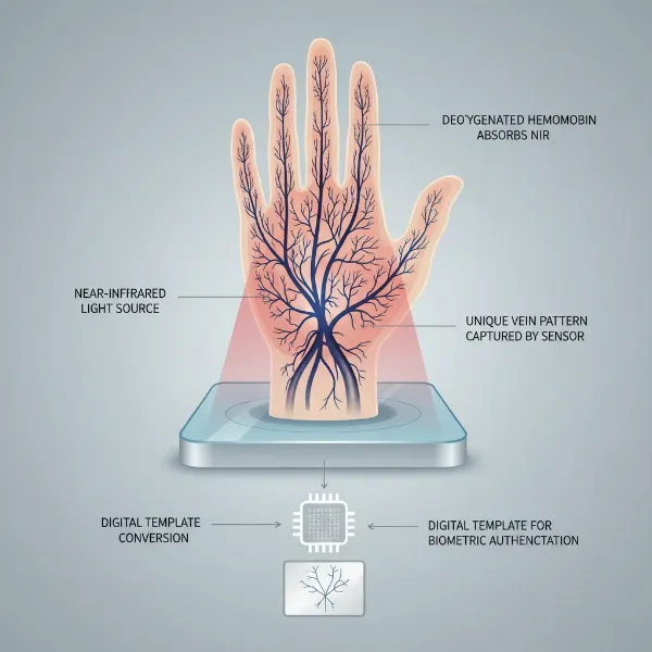 Diagram showing near-infrared light scanning a hand, revealing unique palm vein patterns for security.