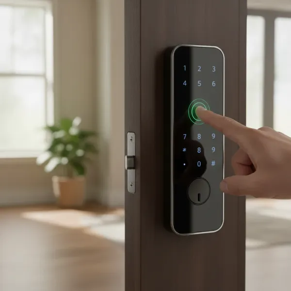 Person using fingerprint scanner on Philips 1000 smart deadbolt for entry.