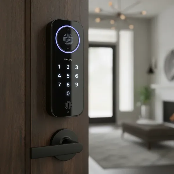 Philips 1000 smart deadbolt showing fingerprint scanner, keypad, and keyhole.
