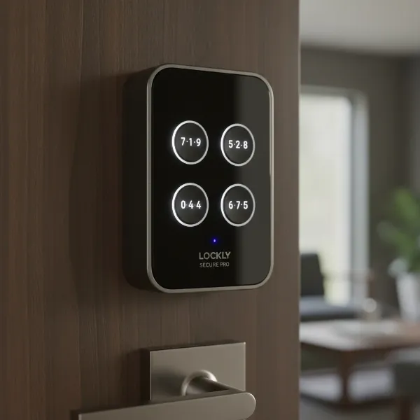Lockly Secure Pro smart lock keypad showing dynamically shuffled numbers for security.