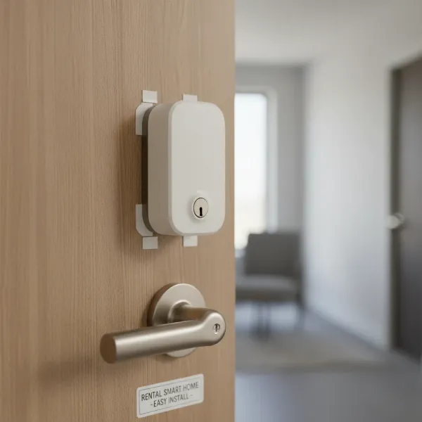 A smart lock installed on a rental door's interior, showing keyless convenience.