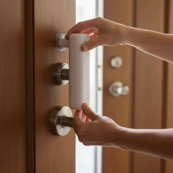 A person easily installing a retrofit smart lock over an existing deadbolt thumb-turn.