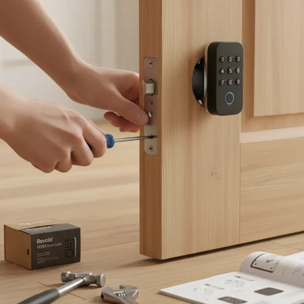 A person easily installing the Revolo RE001 smart lock on a door using only a screwdriver, highlighting DIY friendliness.