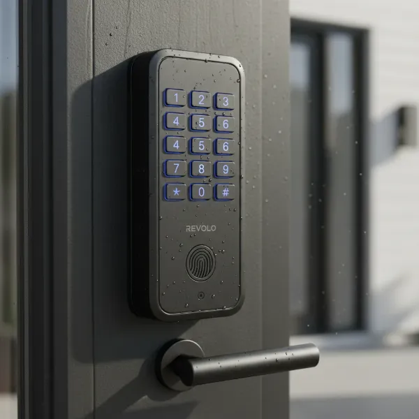 Revolo RE001 smart lock on an exterior door, showcasing its durable zinc alloy and weatherproof design.