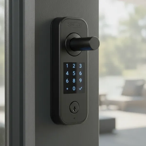 Close-up of Schlage Connect Smart Deadbolt with Z-Wave Plus touchscreen and keypad.