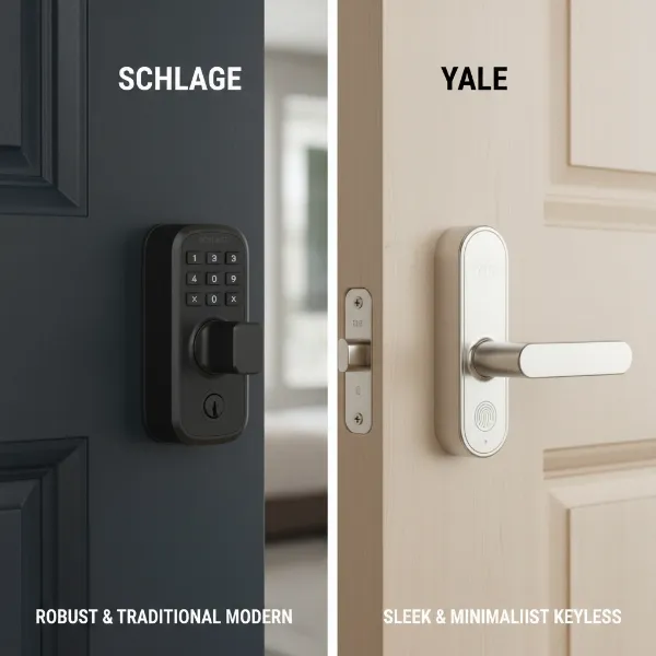 Side-by-side display of a robust Schlage smart lock and a sleek Yale smart lock for comparison.