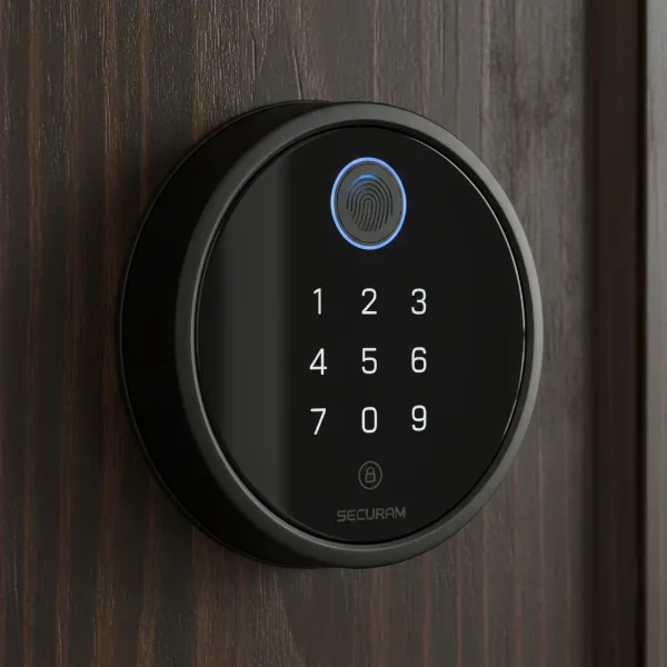 Close-up of Securam Touch Smart Deadbolt showing fingerprint reader and numeric keypad.