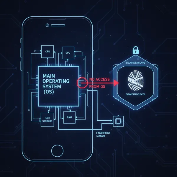 Visual representation of a smartphone's secure enclave protecting biometric data from the main OS.