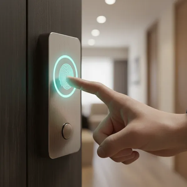 A person's thumb is shown pressing a sleek, modern biometric fingerprint smart lock on a dark door.