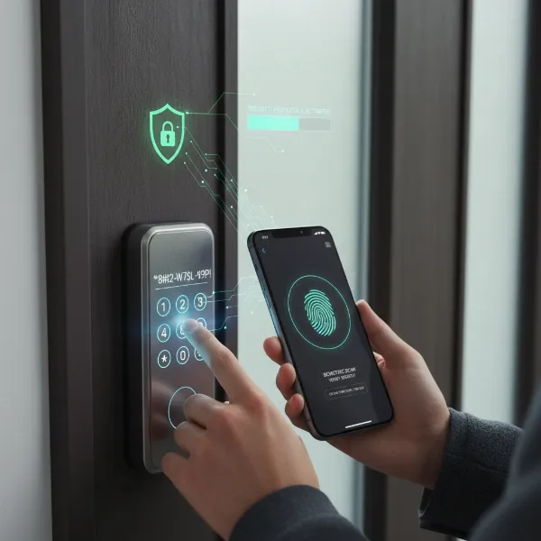 Illustration of strong smart lock authentication, including unique passcodes and multi-factor authentication.