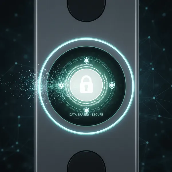 Digital representation of a smart lock undergoing a secure data wipe for privacy