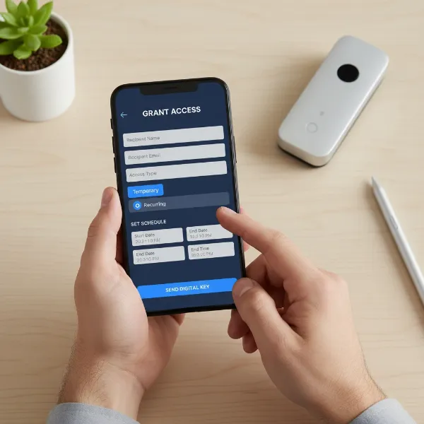 A person's hand using a smartphone app to grant temporary digital key access.
