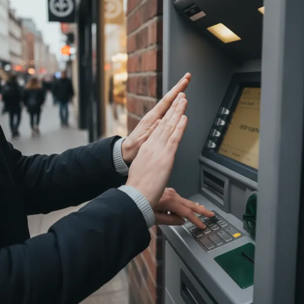 A hand covering another hand entering a PIN at an ATM or POS terminal.