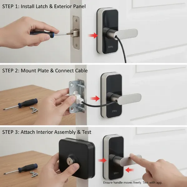 step by step guide for installing a Sifely smart lock with tools and components