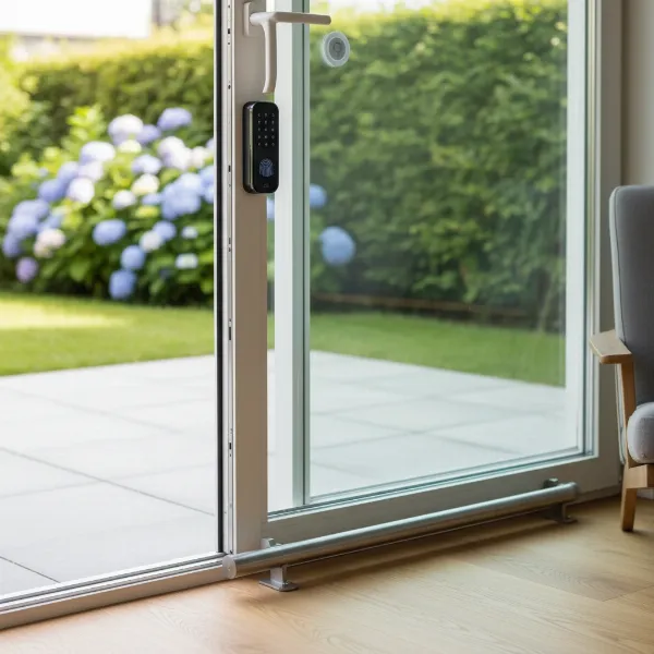 A sliding glass patio door with multiple security features, including a smart lock, a security bar, and a glass break sensor.