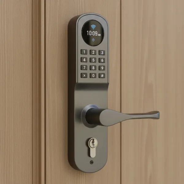 Close-up of a modern smart deadbolt lock on a wooden door, showing keypad.