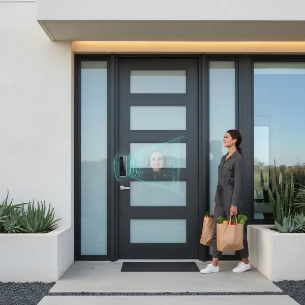 A woman using a face ID smart lock for hands-free entry into her modern smart home.