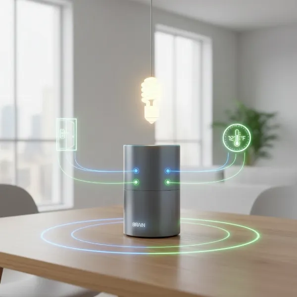 Shows a central smart home hub managing various connected Zigbee devices, including a door lock.