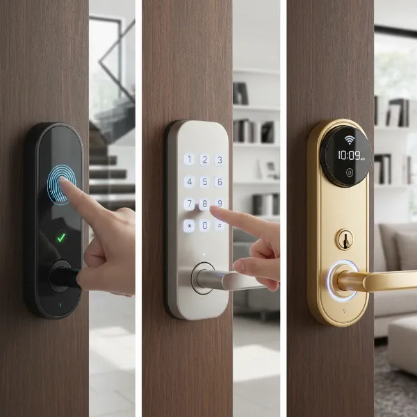 Diverse smart home security locks including keypad and biometric fingerprint models on various modern doors.