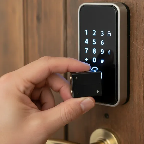 Hand holding a 9V battery against emergency power terminals on a smart lock.