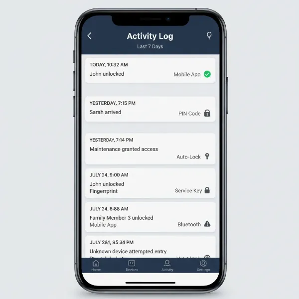 Smart lock activity log showing entries with user, date, time, and entry method for home security.
