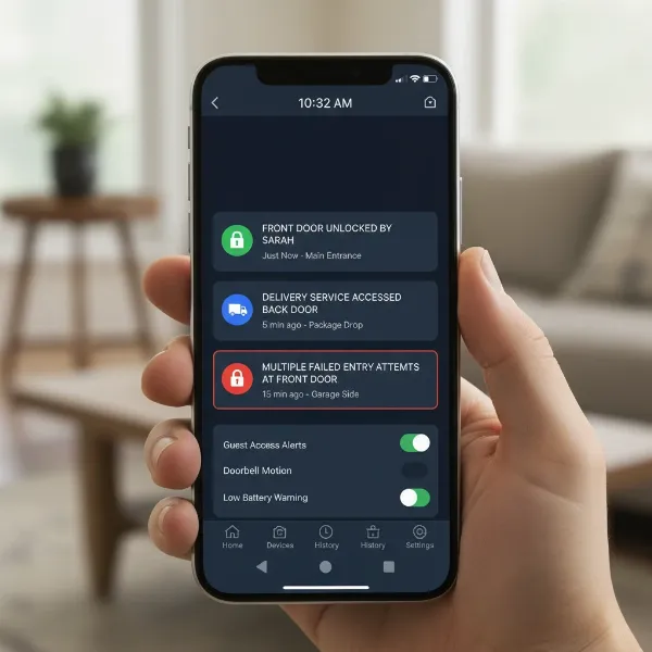Smartphone showing smart lock app with real-time notifications for entry and exit events.