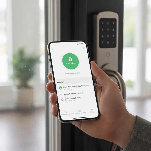 A smartphone displaying a smart lock app, illustrating remote control and activity log features