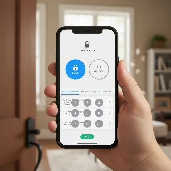 A hand holding a smartphone displaying a smart lock app with remote management features