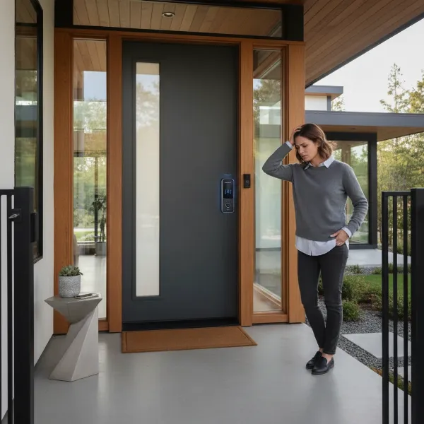 Person locked out by smart lock auto-lock, showing inconvenience and security balance.