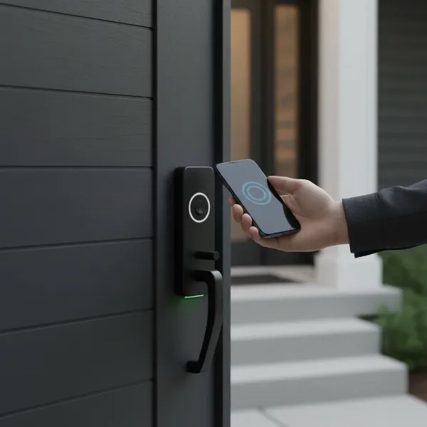 Person approaching a front door, smart lock on door, phone in hand, door unlocking automatically.