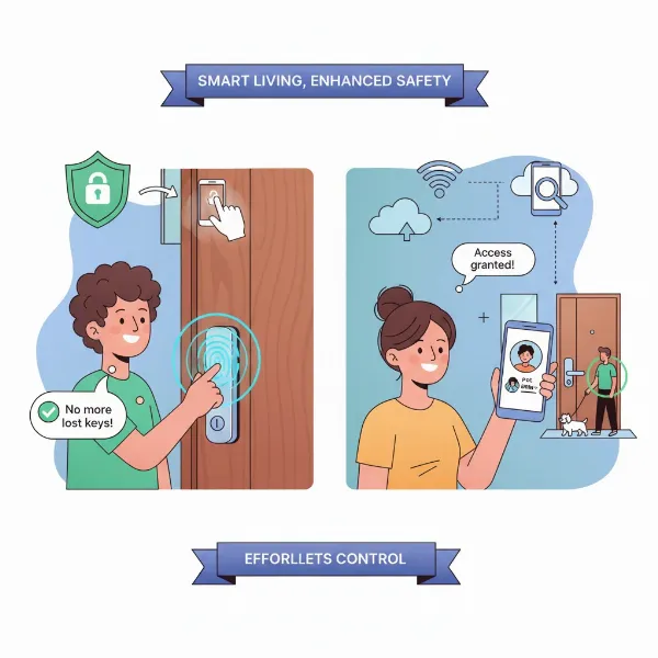 a diverse group of people benefiting from smart lock technology with icons for security, convenience, and access sharing