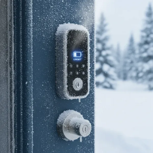 A smart lock on a frosted door with a dying battery indicator due to cold weather.