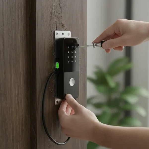 person installing smart lock exterior keypad on wooden door with screws