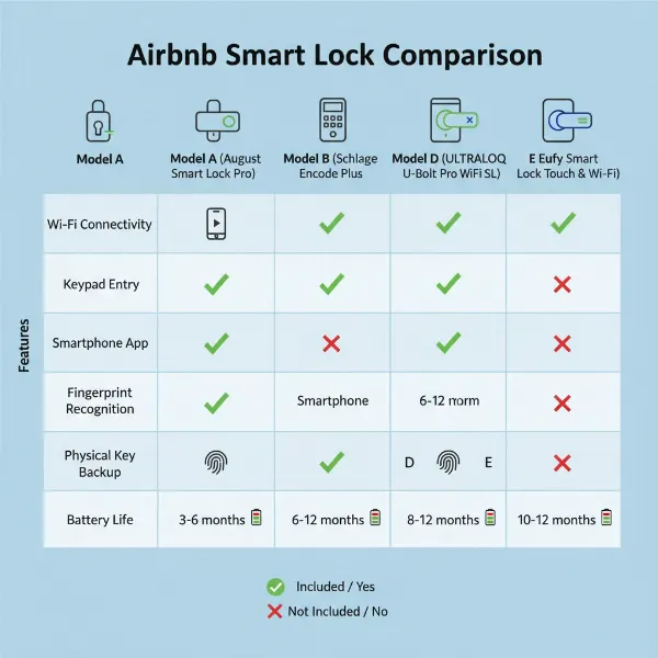 Infographic showing different smart lock features like Wi-Fi, keypad, app, and physical key backup