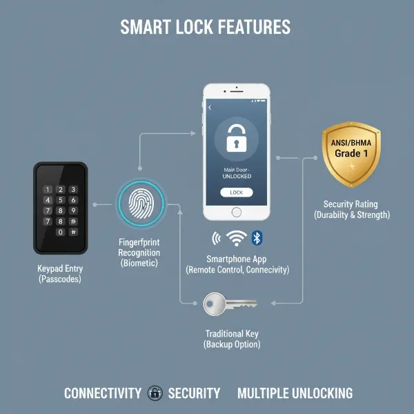 Various smart lock features like keypad, fingerprint, app control, and security ratings.