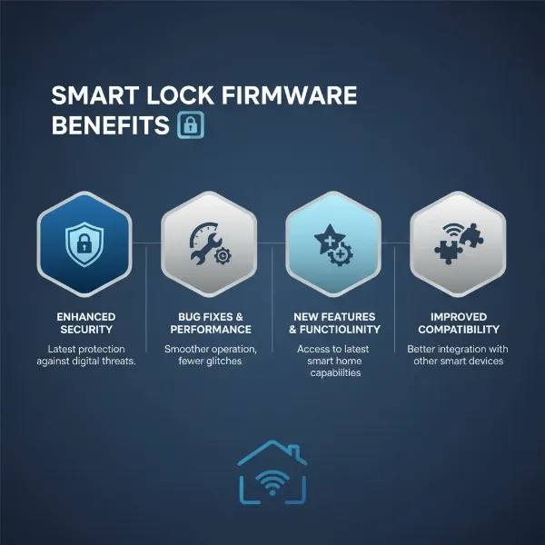 An infographic illustrating the benefits of smart lock firmware updates, including security, performance, features, and compatibility.