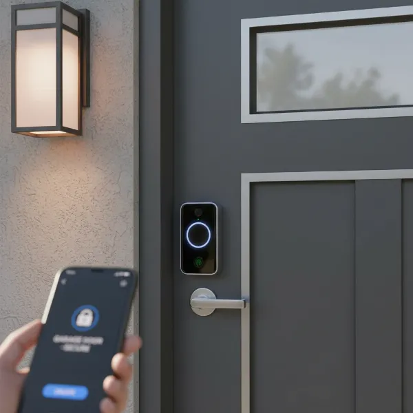 A modern smart lock installed on a garage entry door, enhancing home security