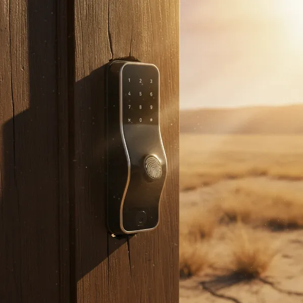 A smart lock on a sun-baked door showing signs of material expansion and potential jamming.