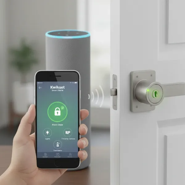 Smart lock connected to a smart home system, controlled via a smartphone app.