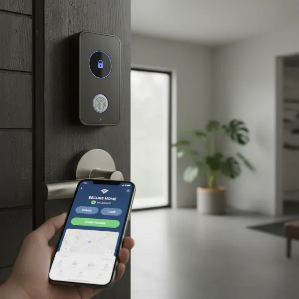 A modern smart lock on a residential door, showcasing keyless entry and remote access features.