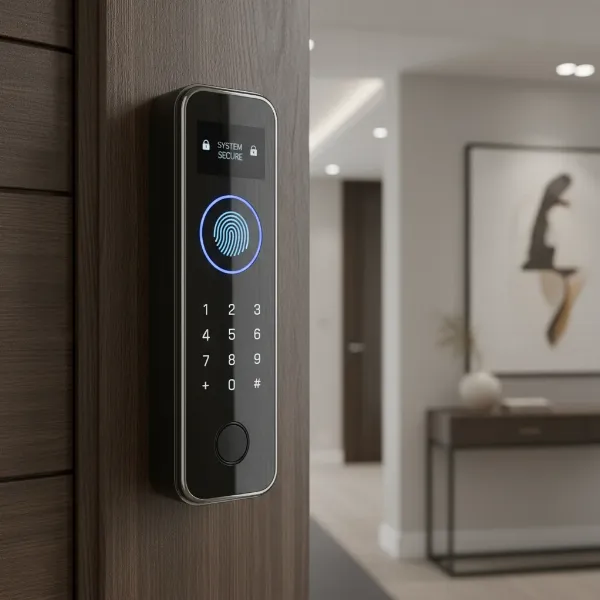 A modern smart lock on a wooden door, showing keyless entry methods like fingerprint and keypad.