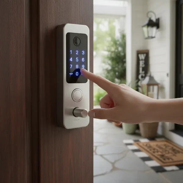Person typing code on a smart lock keypad on a modern front door