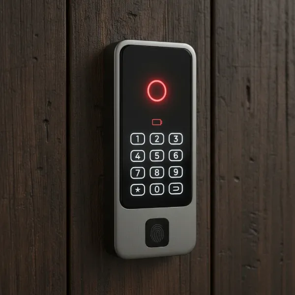 Smart lock showing low battery warning with flashing red light and beeps.