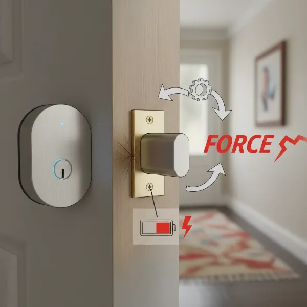 Diagram showing smart lock deadbolt misaligned with strike plate causing battery drain.