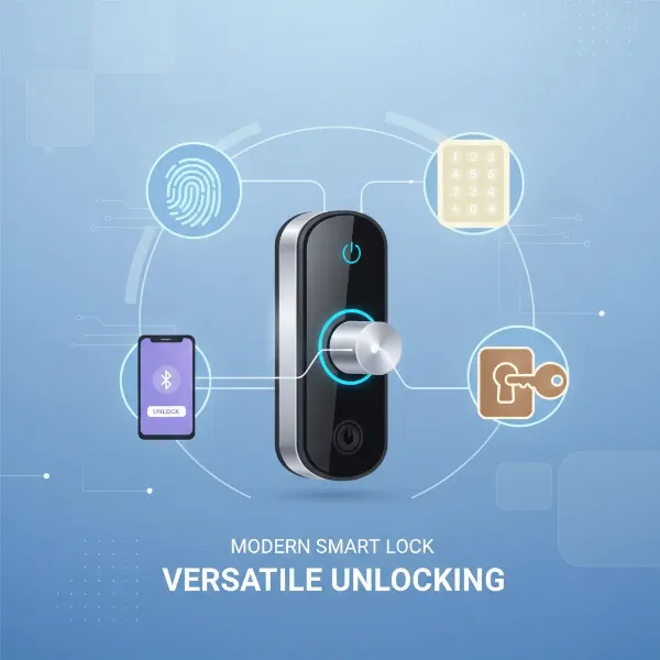Illustration showing different ways to unlock a smart lock: fingerprint, keypad, phone app.