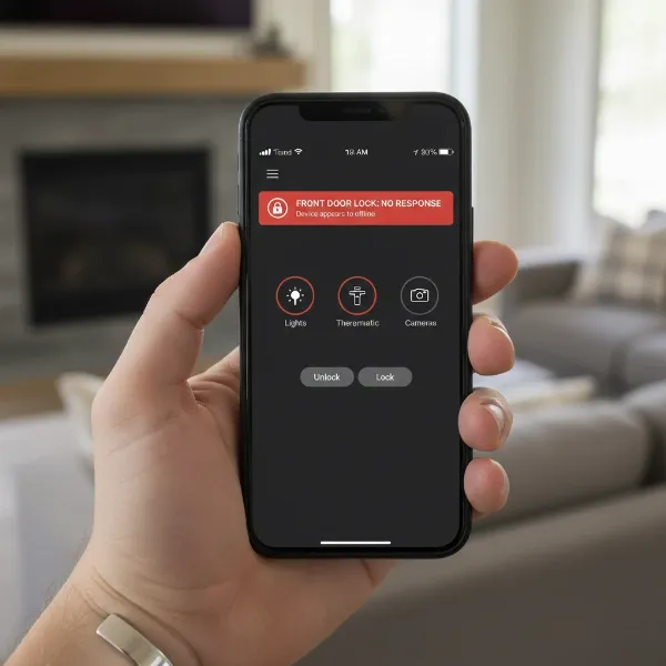 Smartphone displaying smart lock app with "Offline" or "No Response" error.